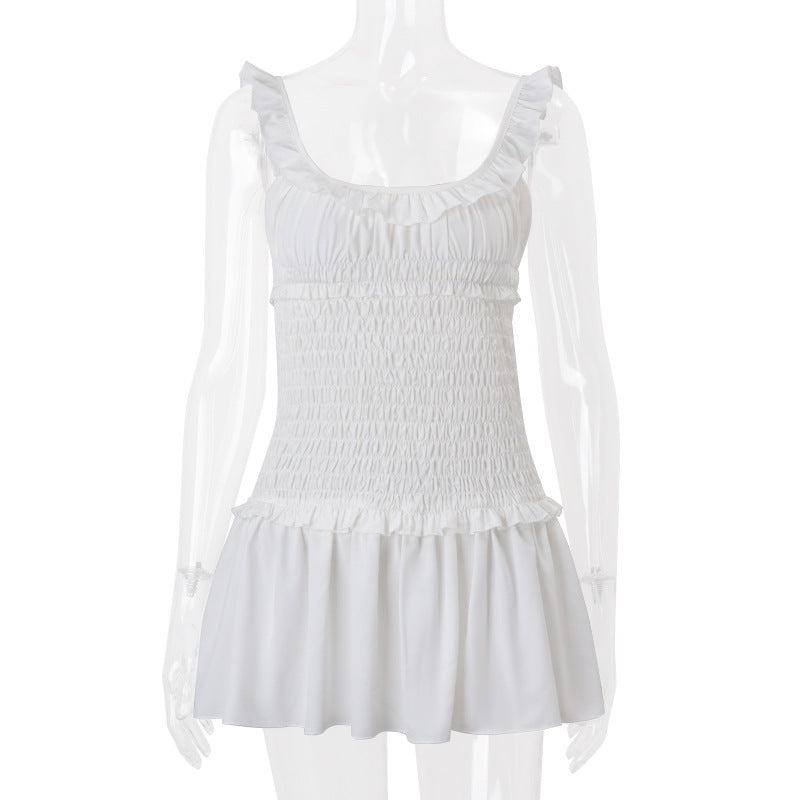 Women Clothing Spring Sexy Elegant Wooden Ear Pleated Strap Pleated Dress Short for Women Bella Mia